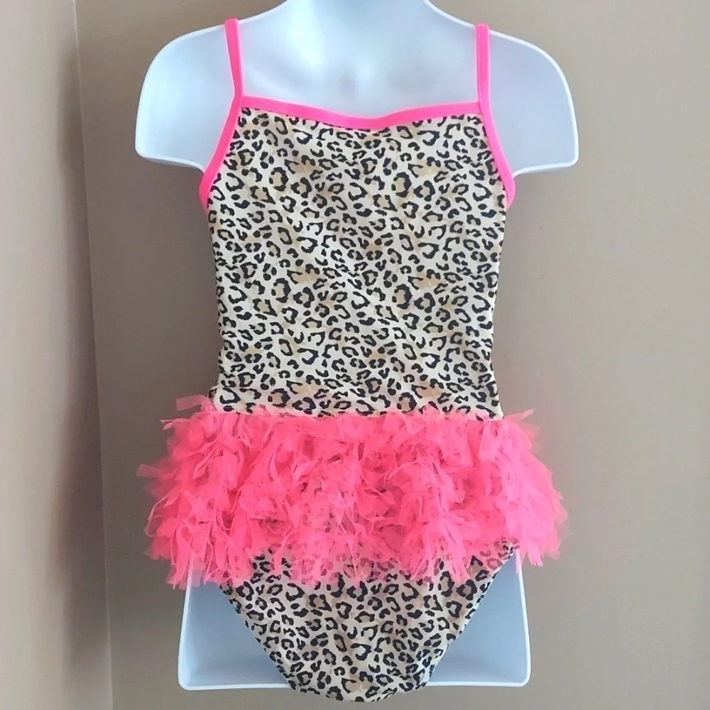 Flapdoodles 2 pc leopard print tankini swimsuit with hot pink  ruffles - size 6